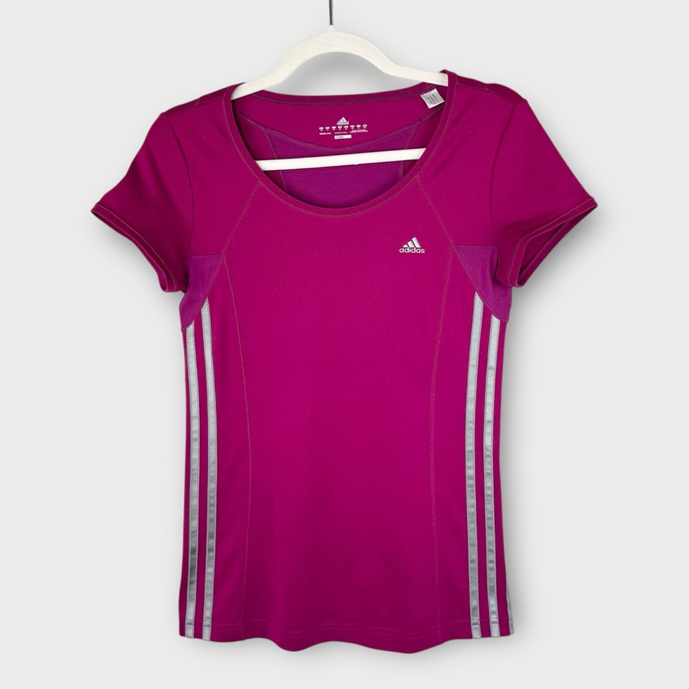 Adidas Women's Magenta Short Sleeve Tee S Fitted 3-Stripe ClimaCool Athletic Top